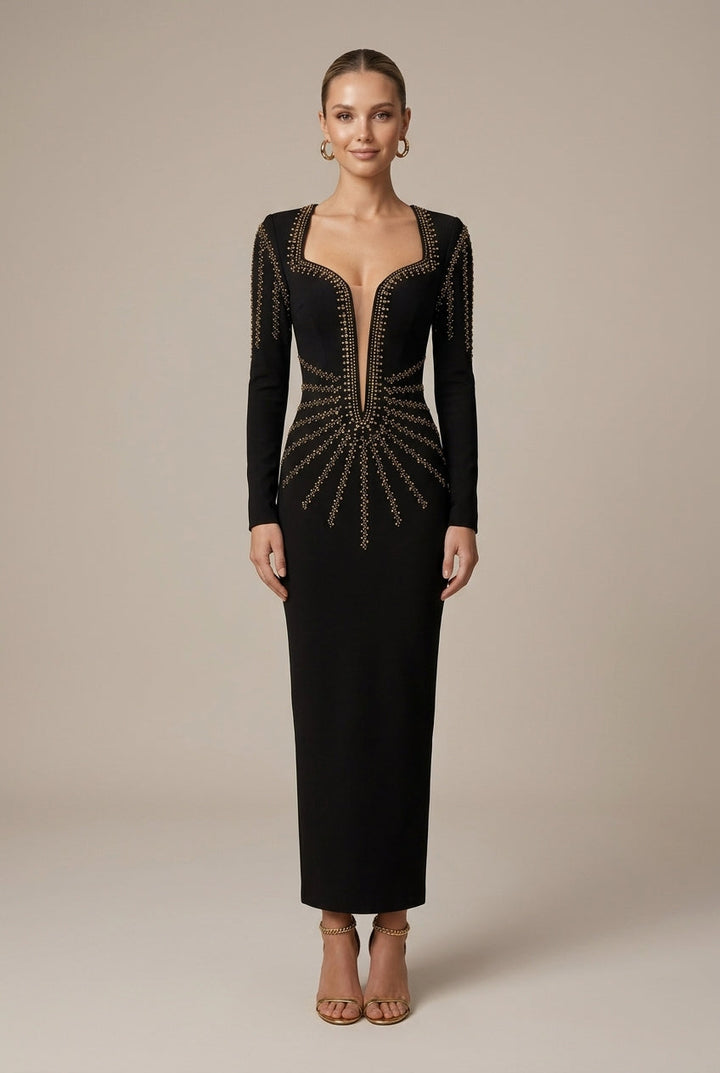 Women's Square Neck Maxi Dress – Long Sleeve Evening Gown