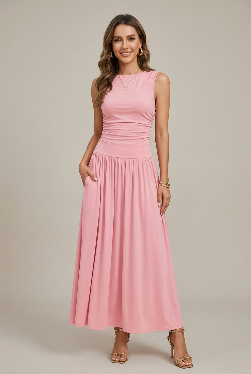 Women's Sleeveless Maxi Dress – Ruched Waist & Full Skirt
