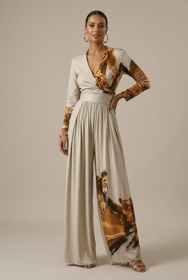 Women's Abstract Print Jumpsuit – V-Neck Wide Leg Long Sleeve