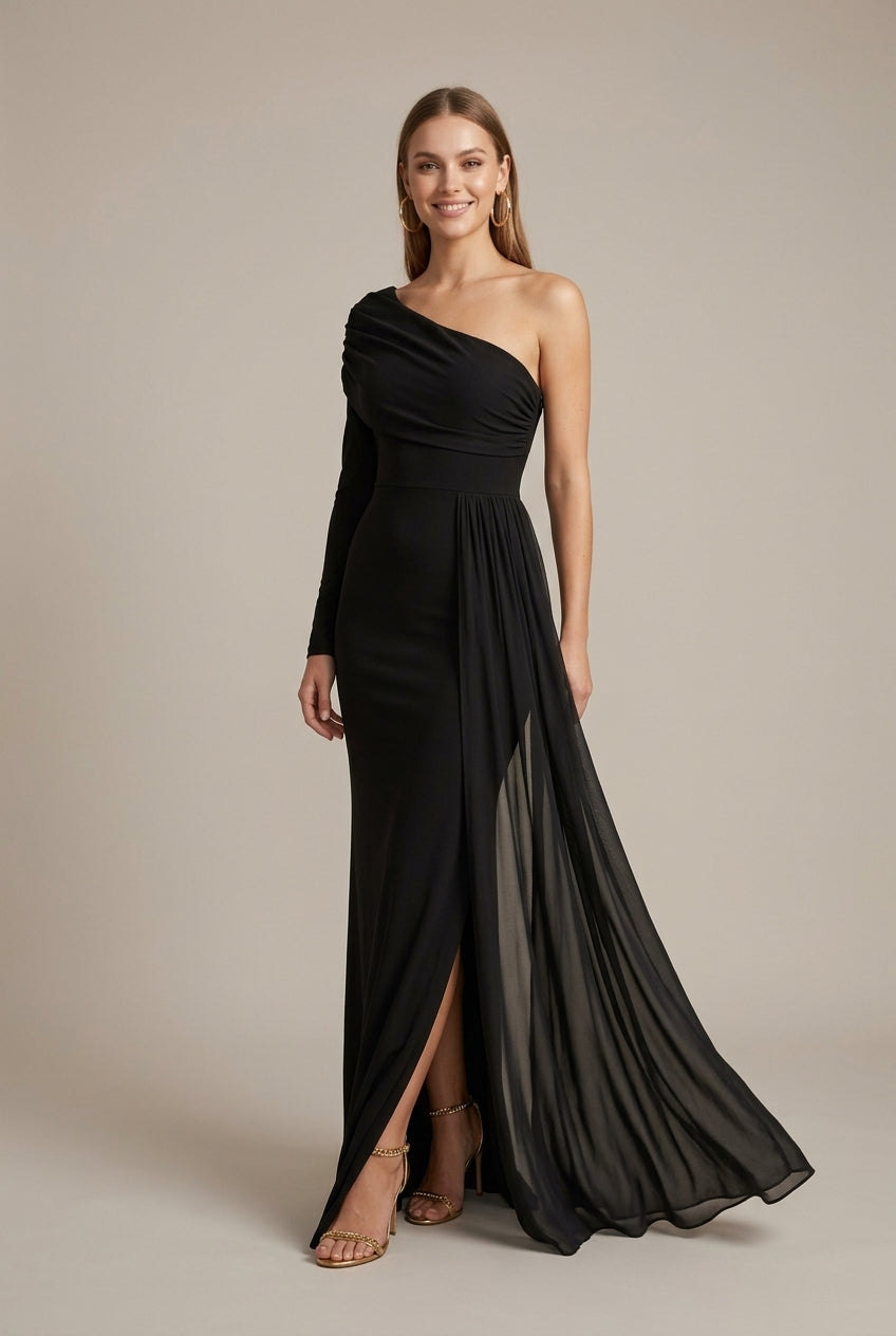 Women's Off Shoulder Fishtail Maxi Dress – Slant Neck Long Sleeve