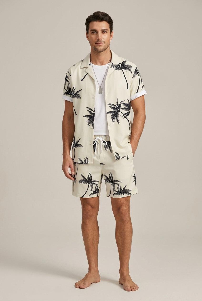 Men's Two Piece Set – Palm Print Shirt & Drawstring Shorts