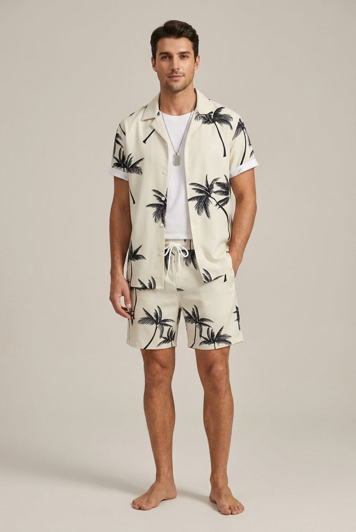 Men's Two Piece Set – Palm Print Shirt & Drawstring Shorts