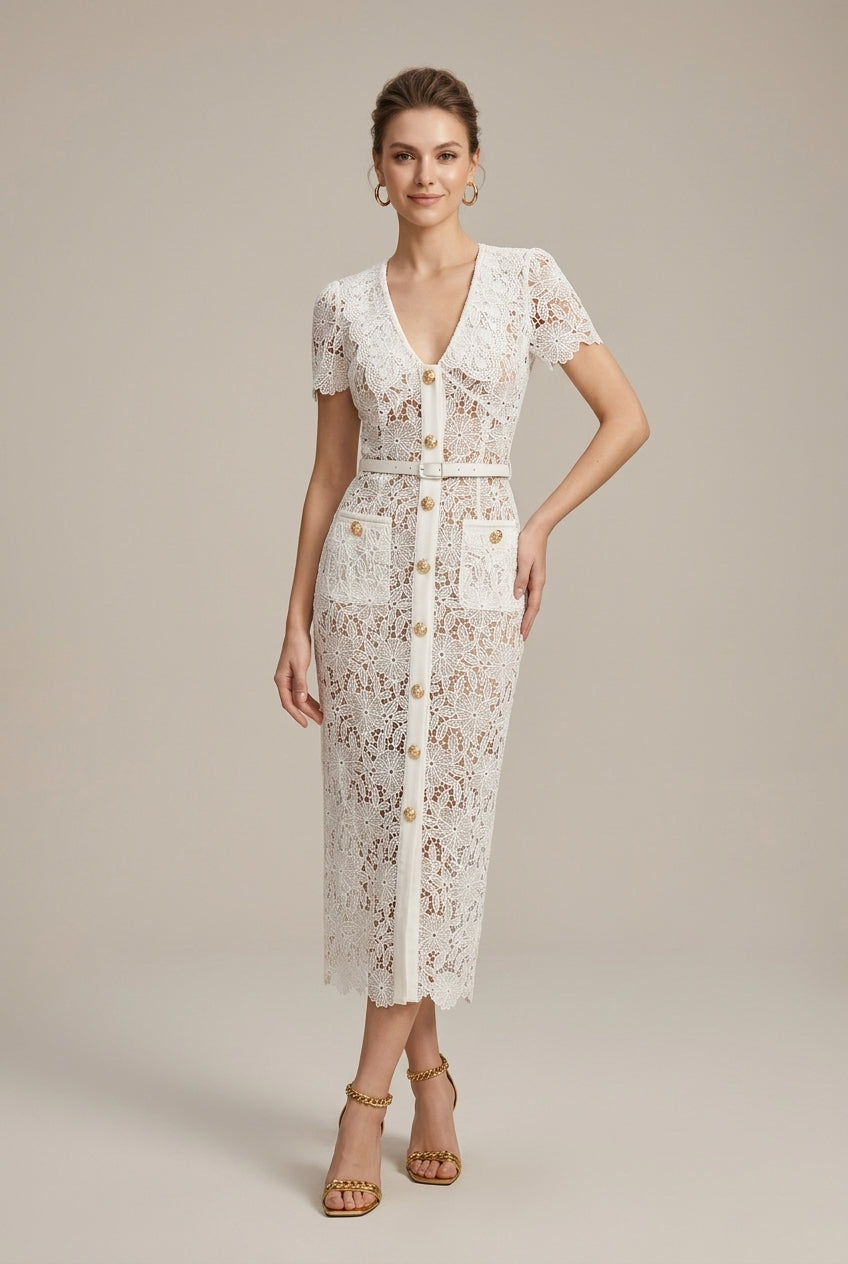 Women's Lace Midi Dress – Button-Down V-Neck Short Sleeve