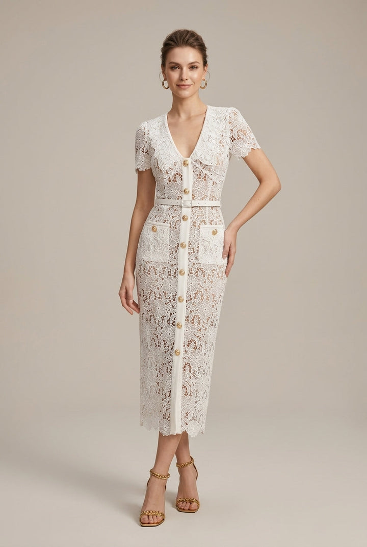 Women's Lace Midi Dress – Button-Down V-Neck Short Sleeve