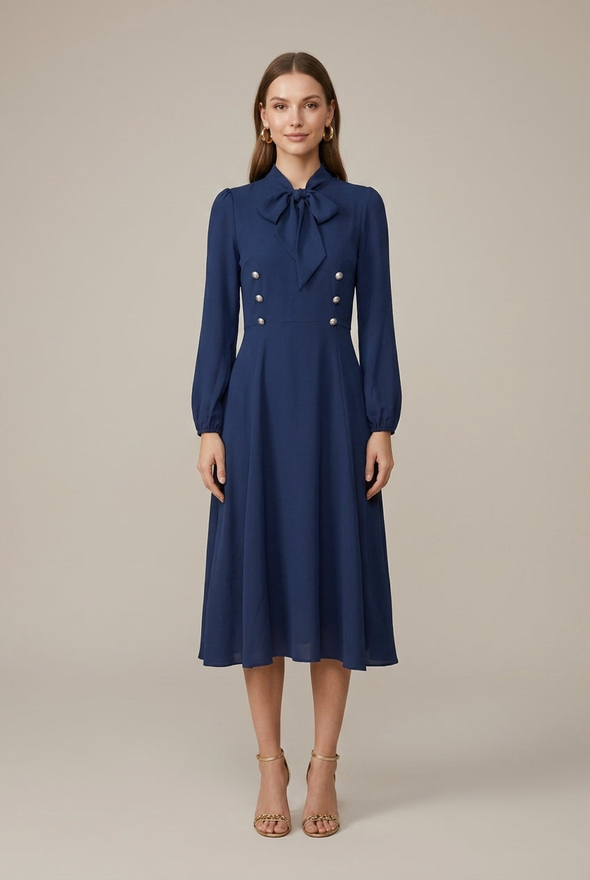 Women's Midi Dress – A-Line Tie Waist & Bow Neckline