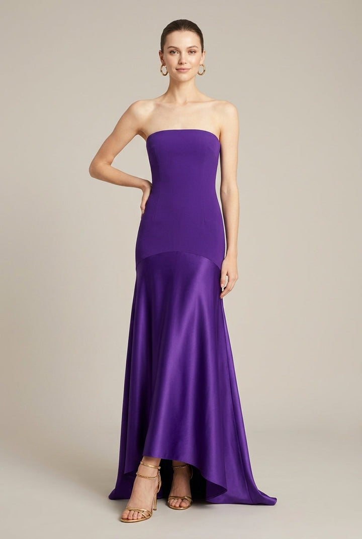 Women's Strapless Satin Maxi Dress Drop Waist – Evening Gown Back Slit