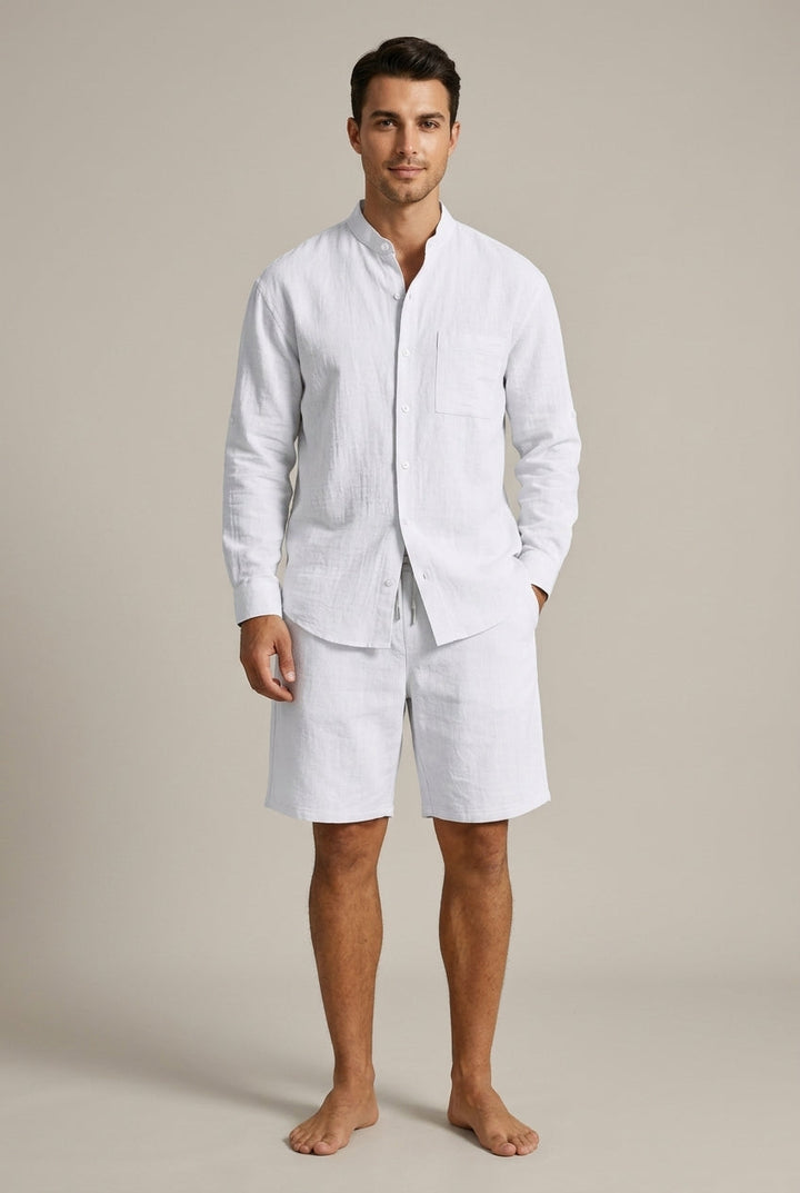 Men's Linen Shirt and Shorts Set – Band Collar Relaxed Fit
