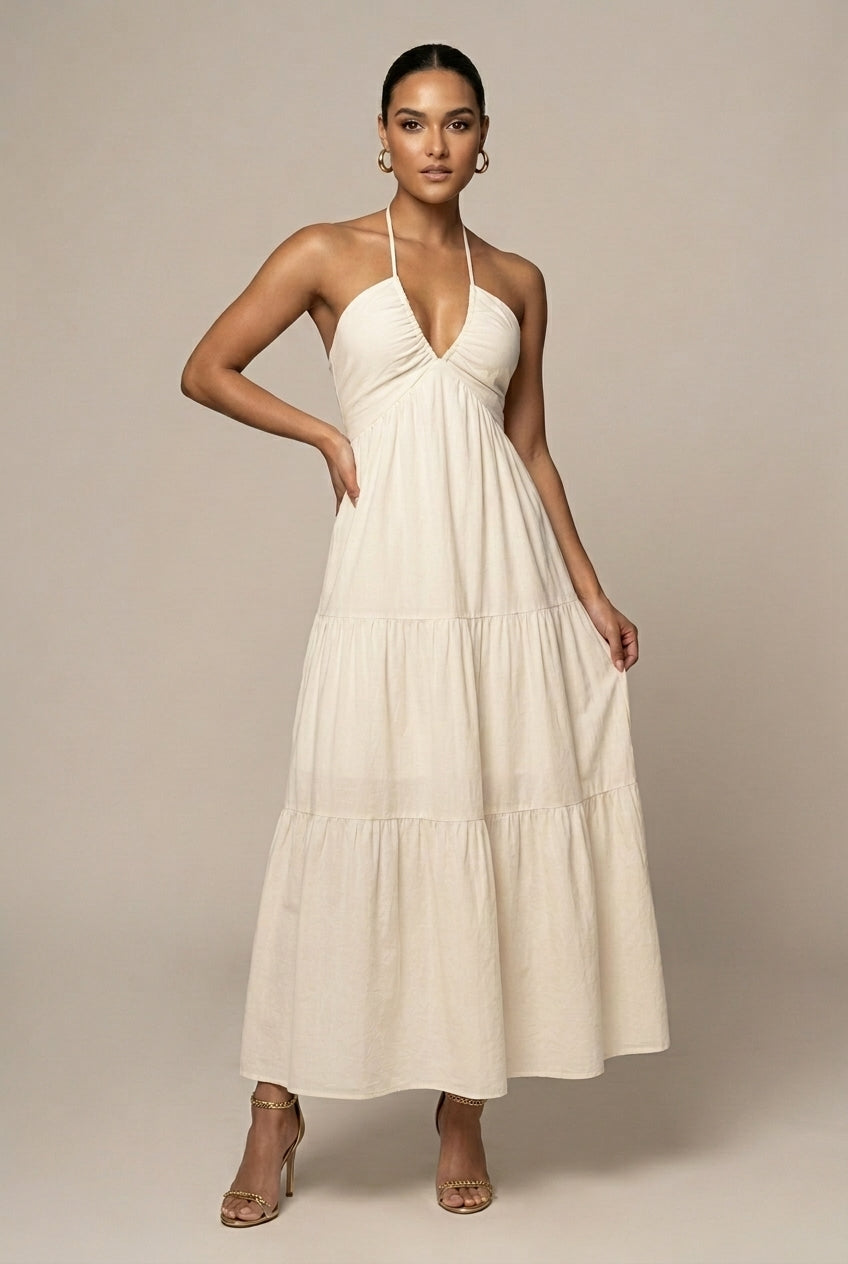 Women's Halter Neck Maxi Dress Tiered Ruffle Skirt – Deep V Open Back