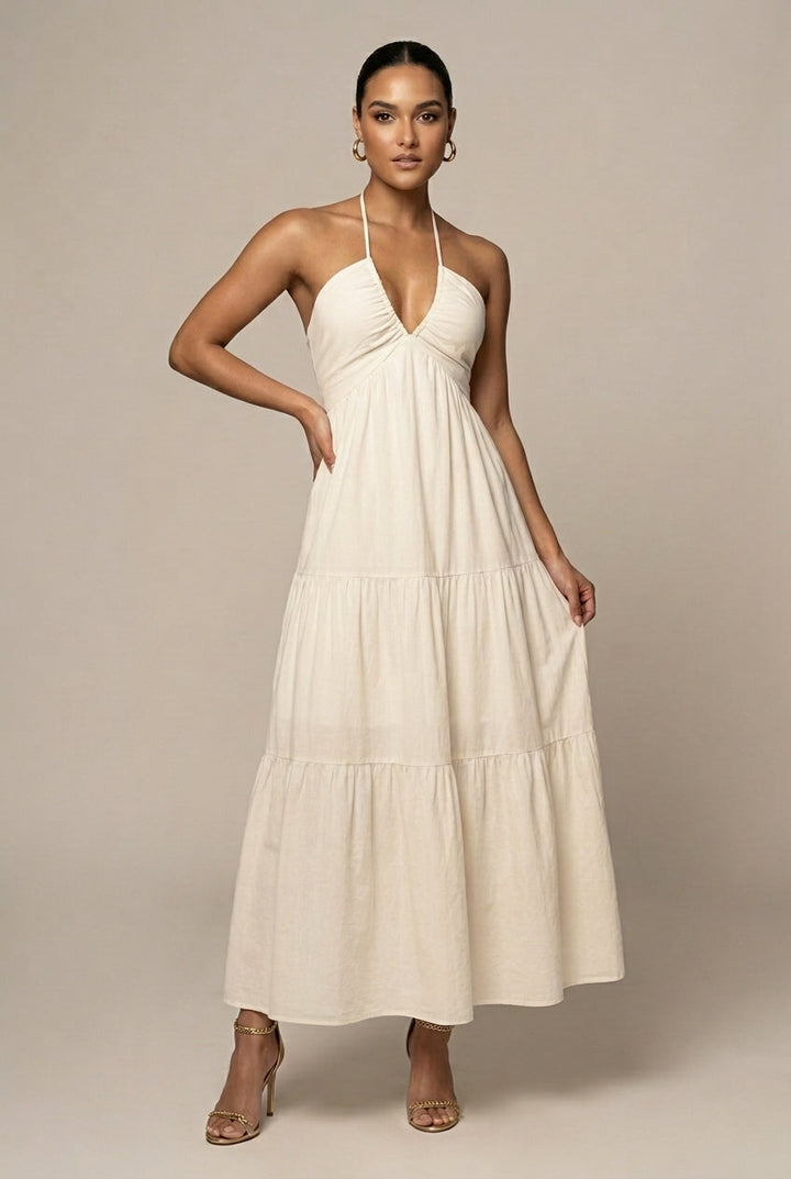 Women's Halter Neck Maxi Dress Tiered Ruffle Skirt – Deep V Open Back
