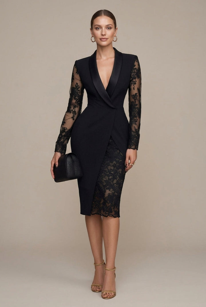 Women's Blazer Midi Dress – Shawl Collar Lace Sleeve