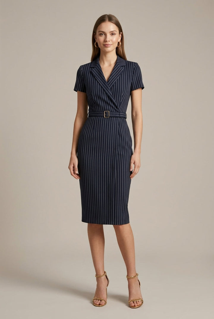 Women's Pinstripe Belted Pencil Midi Dress – Notched Lapel