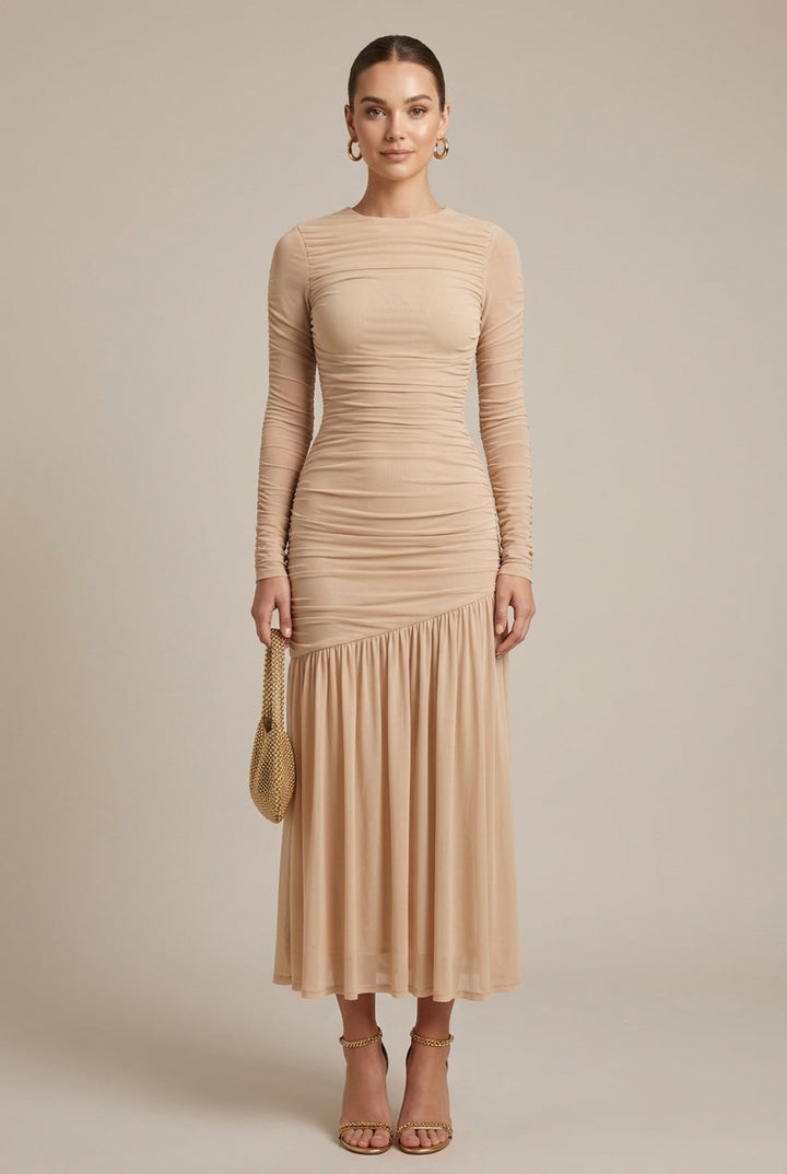 Women's Ruched Drop Waist Maxi Dress Long Sleeve – Fluted Skirt