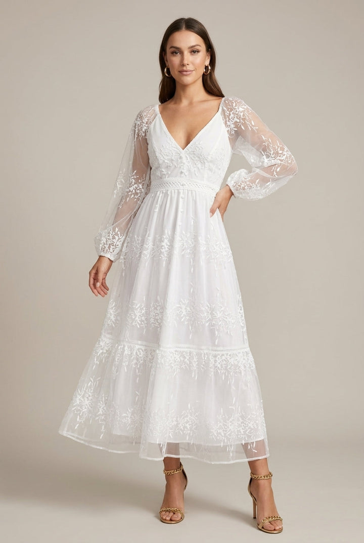 Women's Embroidered Lace Maxi Dress – V-Neck Tiered Sleeves