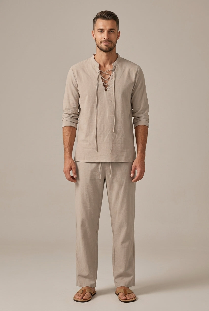Men's Linen Two Piece Set – Lace-Up V-Neck Long Sleeve