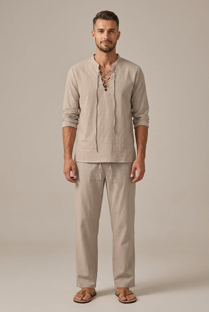 Men's Linen Two Piece Set – Lace-Up V-Neck Long Sleeve