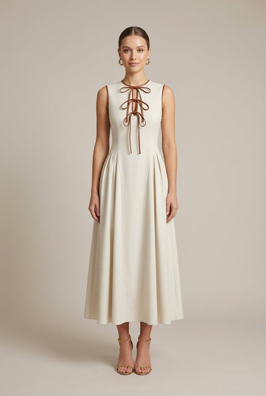 Women's Drop Waist Maxi Dress Bow Tie Detail – A-Line Contrast Trim