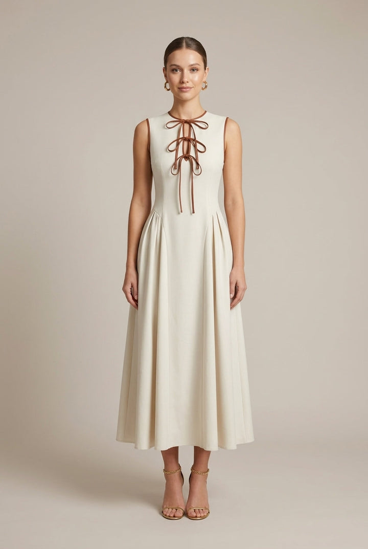 Women's Drop Waist Maxi Dress Bow Tie Detail – A-Line Contrast Trim