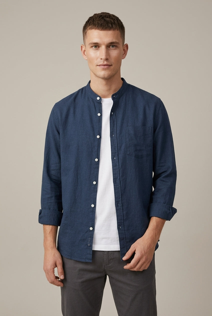 Men's Linen Blend Shirt – Band Collar Long Sleeve with Pocket