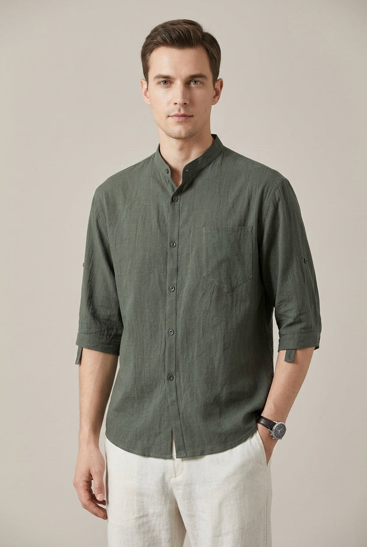 Men's Cotton Linen Blend Shirt – Band Collar Three-Quarter Sleeve