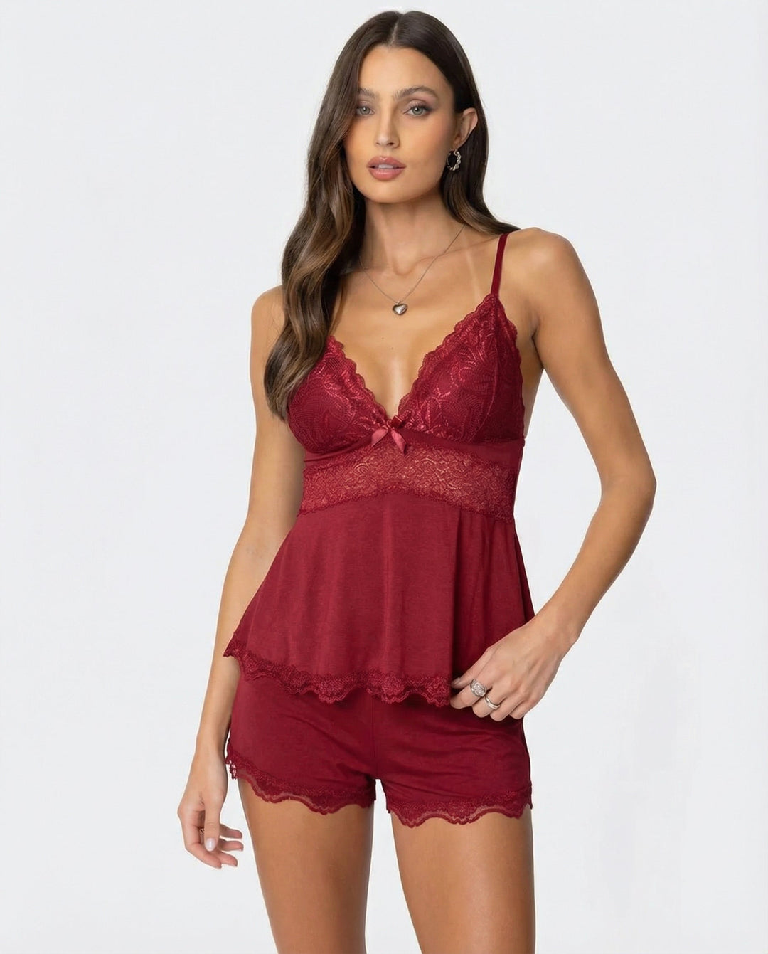 Women's Lounge Set – Lace Trim Cami & Shorts V-Neck