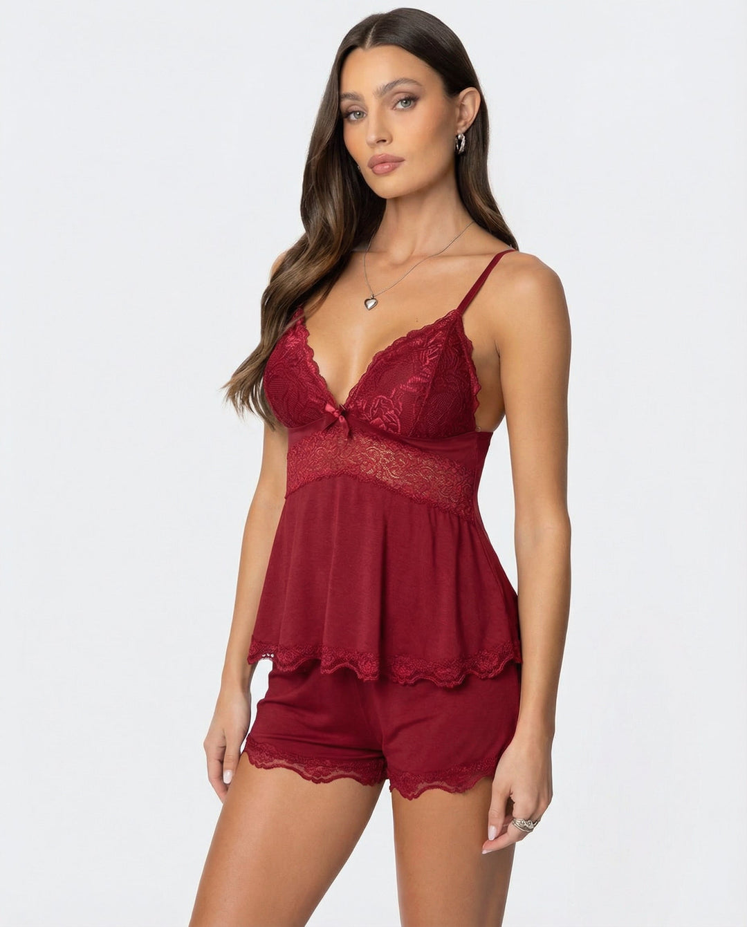 Women's Lounge Set – Lace Trim Cami & Shorts V-Neck
