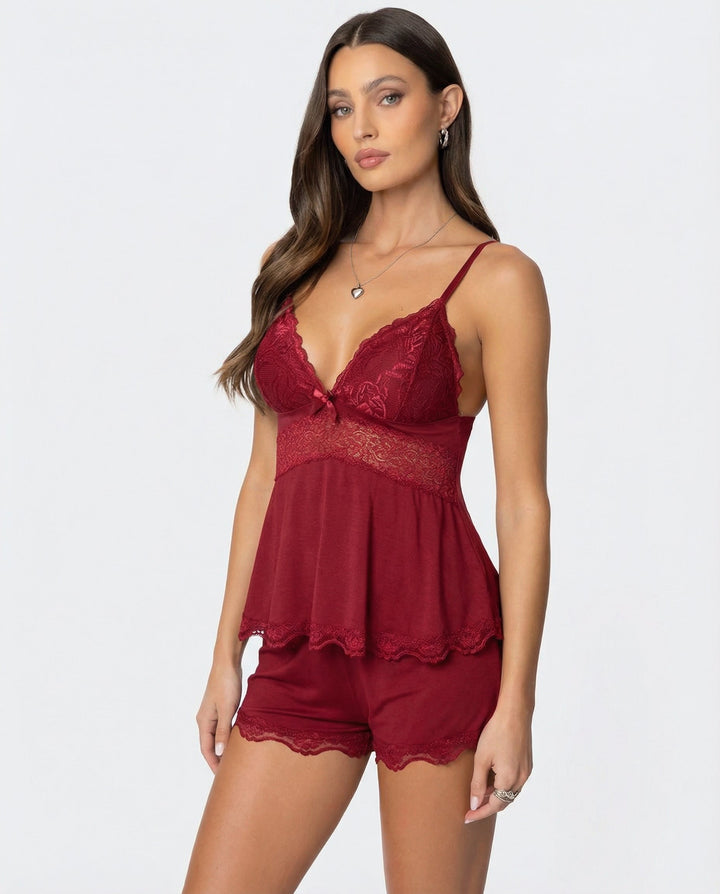 Women's Lounge Set – Lace Trim Cami & Shorts V-Neck