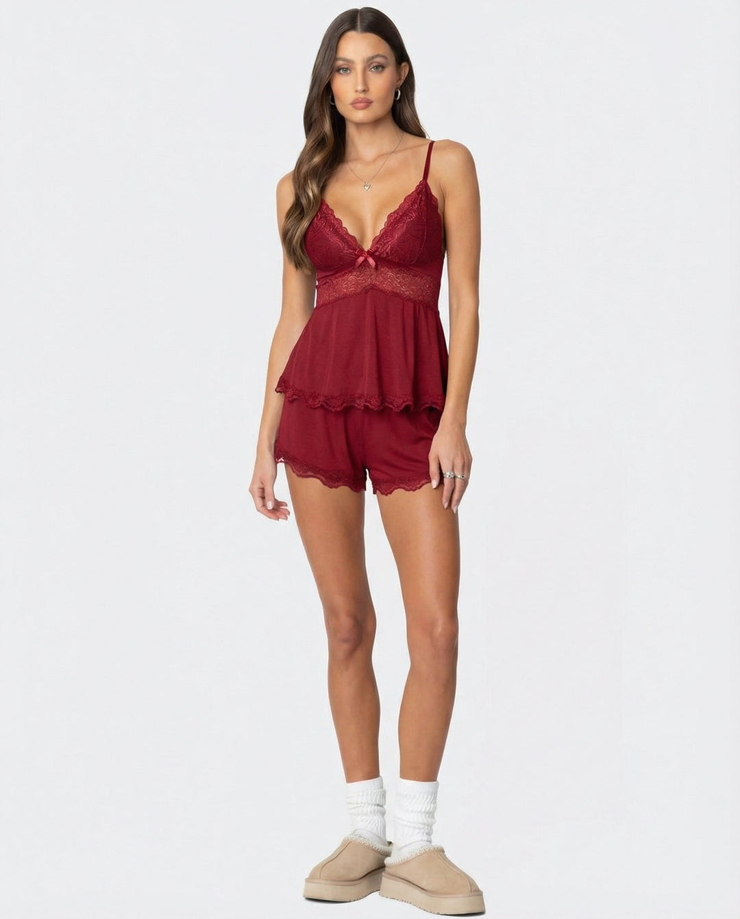 Women's Lounge Set – Lace Trim Cami & Shorts V-Neck