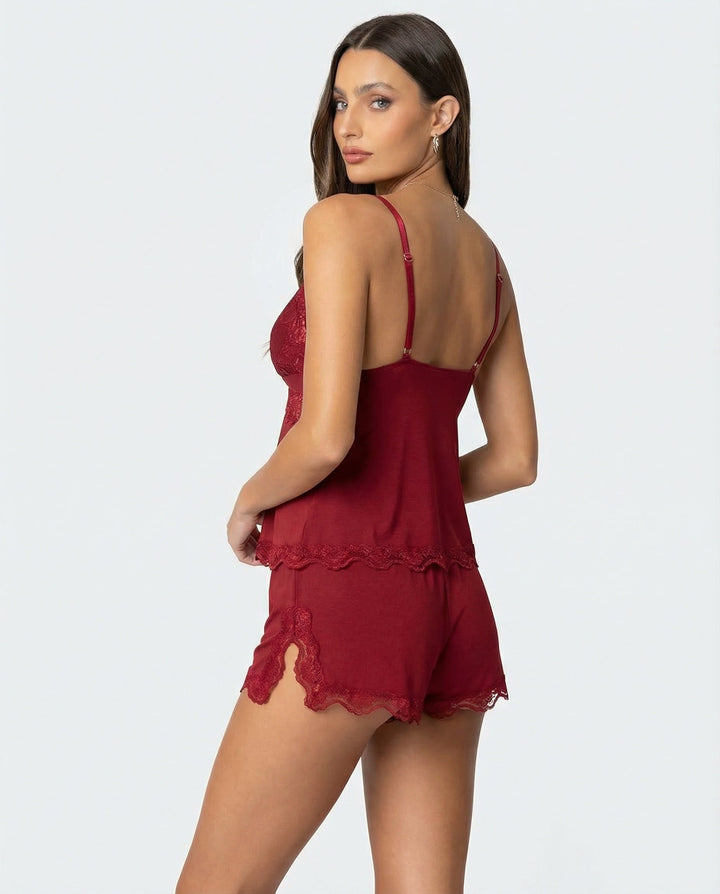 Women's Lounge Set – Lace Trim Cami & Shorts V-Neck