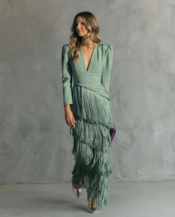 Women's Fringe Maxi Dress Deep V-Neck Puff Sleeve – Tiered Skirt Fitted