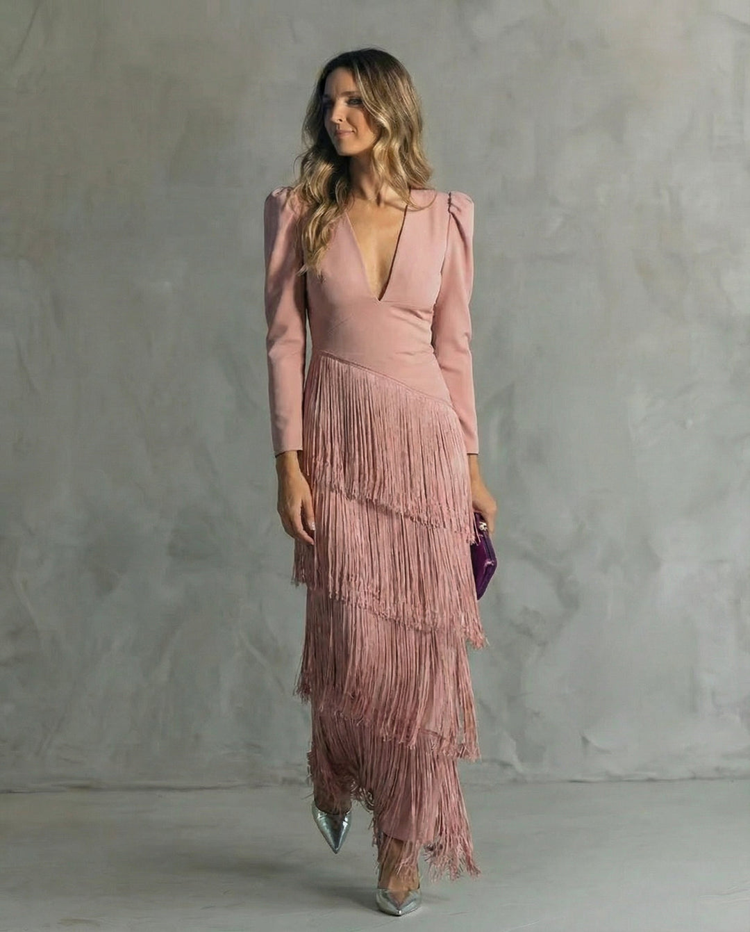 Women's Fringe Maxi Dress Deep V-Neck Puff Sleeve – Tiered Skirt Fitted
