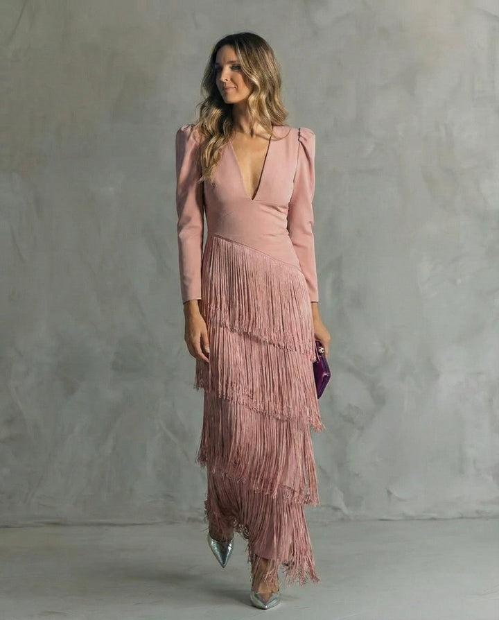 Women's Fringe Maxi Dress Deep V-Neck Puff Sleeve – Tiered Skirt Fitted
