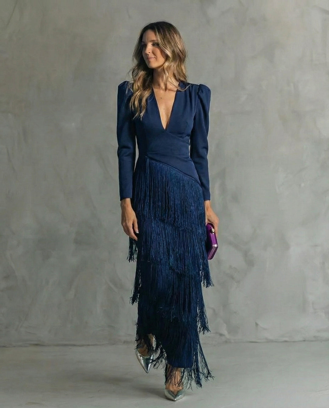 Women's Fringe Maxi Dress Deep V-Neck Puff Sleeve – Tiered Skirt Fitted