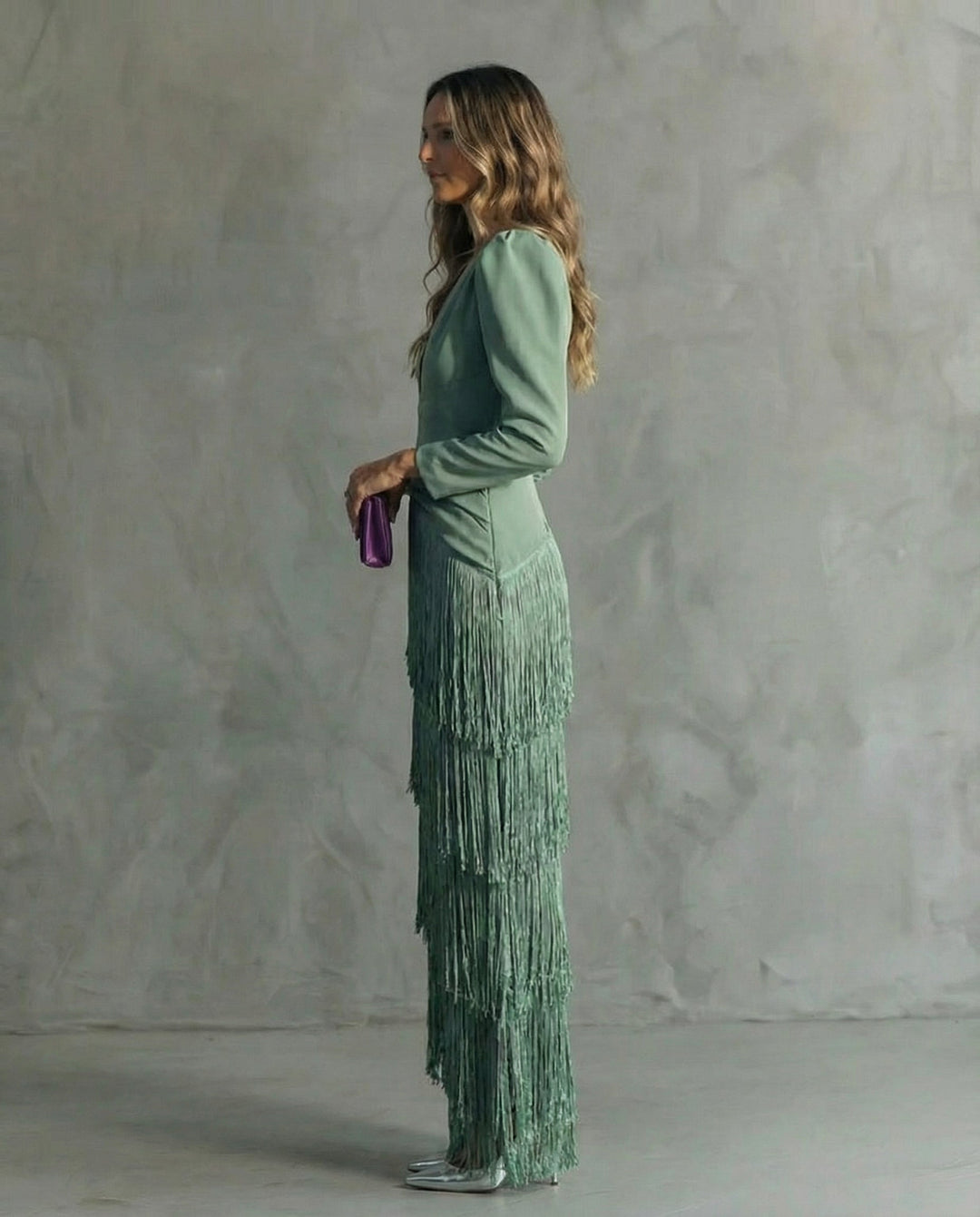 Women's Fringe Maxi Dress Deep V-Neck Puff Sleeve – Tiered Skirt Fitted
