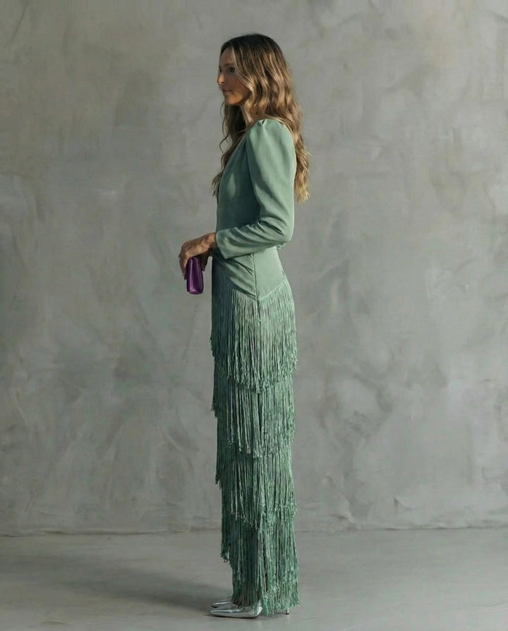 Women's Fringe Maxi Dress Deep V-Neck Puff Sleeve – Tiered Skirt Fitted
