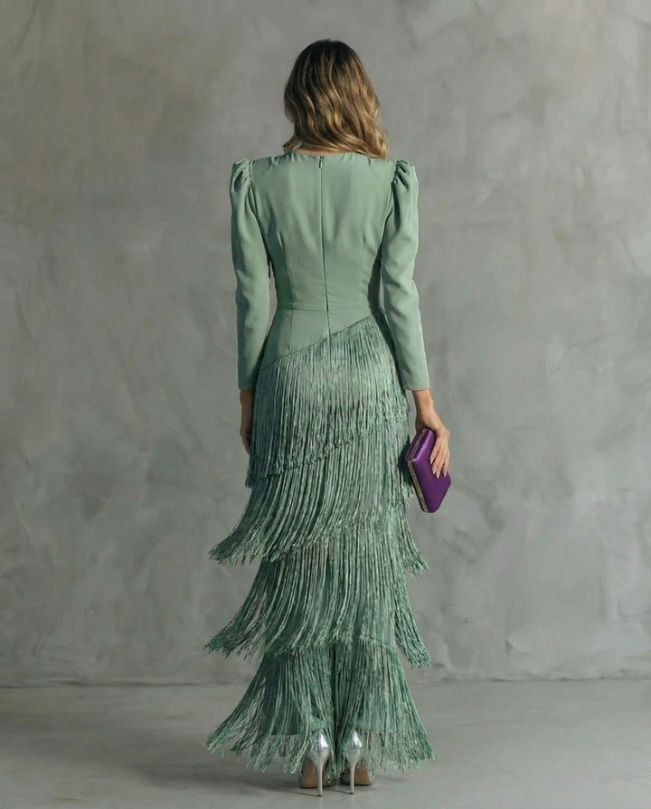 Women's Fringe Maxi Dress Deep V-Neck Puff Sleeve – Tiered Skirt Fitted