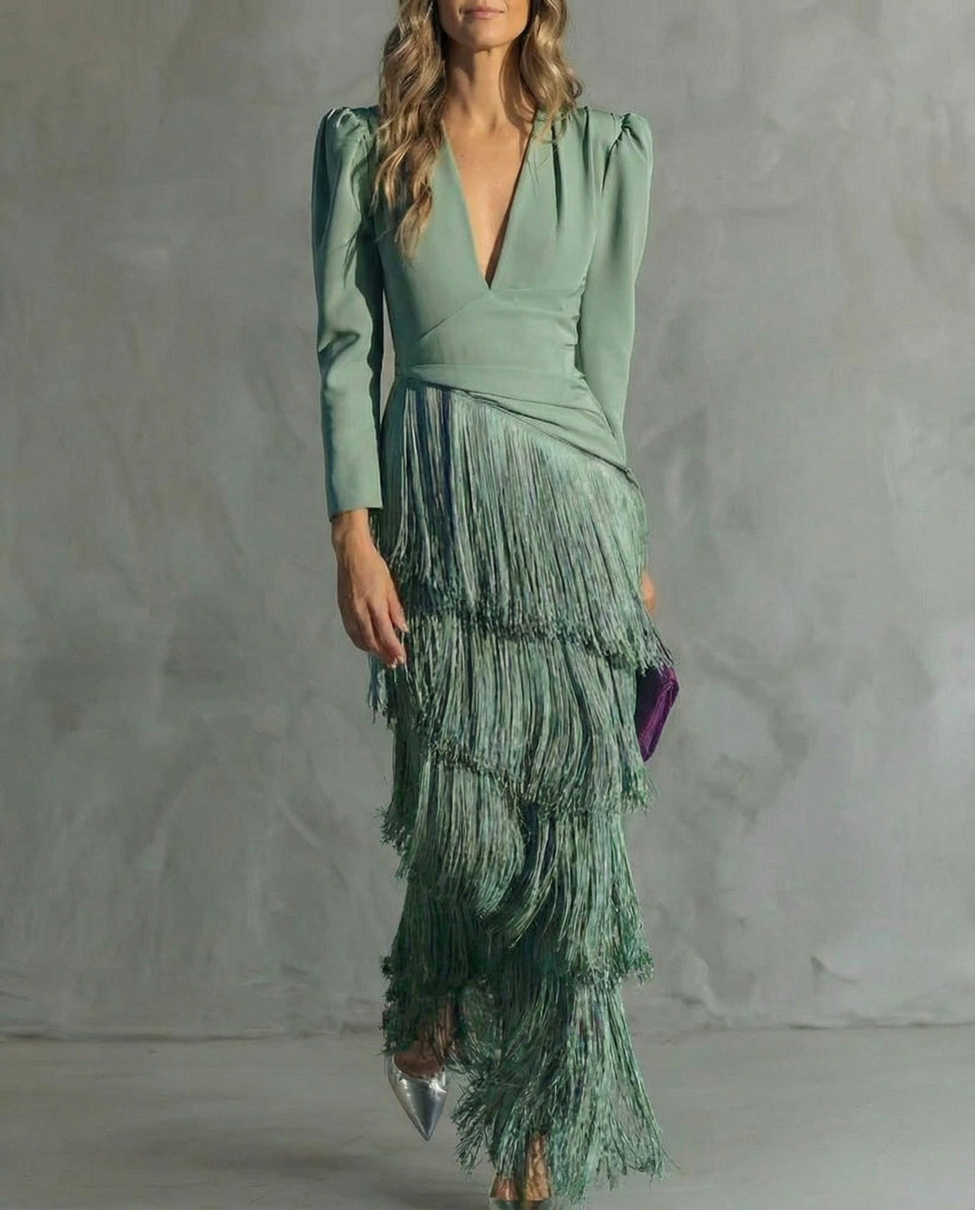Women's Fringe Maxi Dress Deep V-Neck Puff Sleeve – Tiered Skirt Fitted