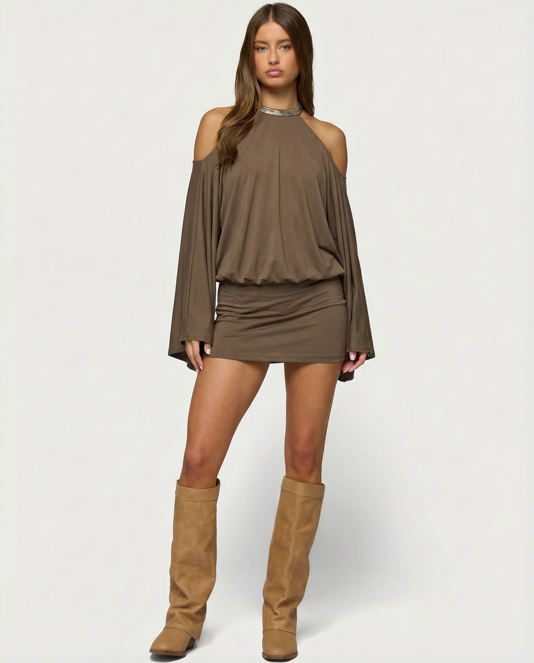 Open Back Mini Dress – Cold-Shoulder Draped Sleeves & Chain Detail