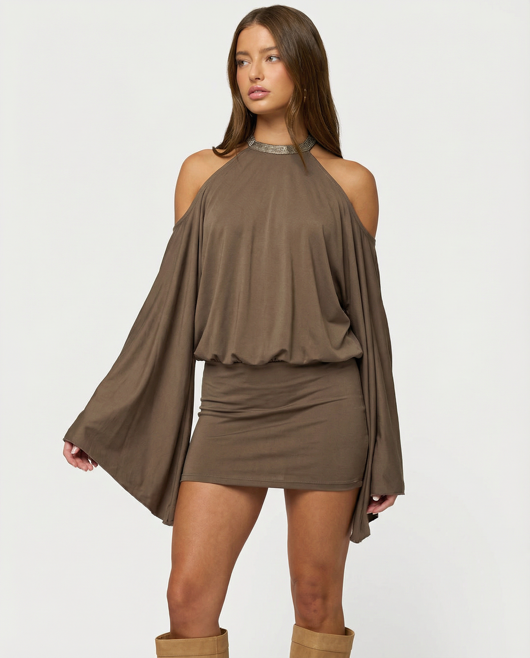 Open Back Mini Dress – Cold-Shoulder Draped Sleeves & Chain Detail