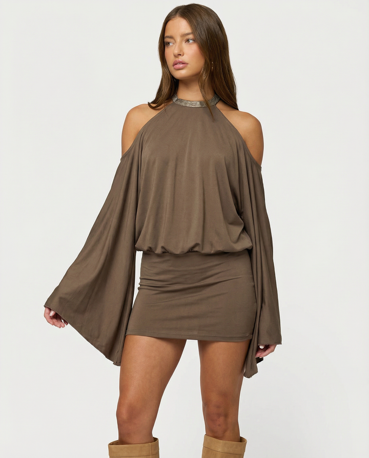 Open Back Mini Dress – Cold-Shoulder Draped Sleeves & Chain Detail