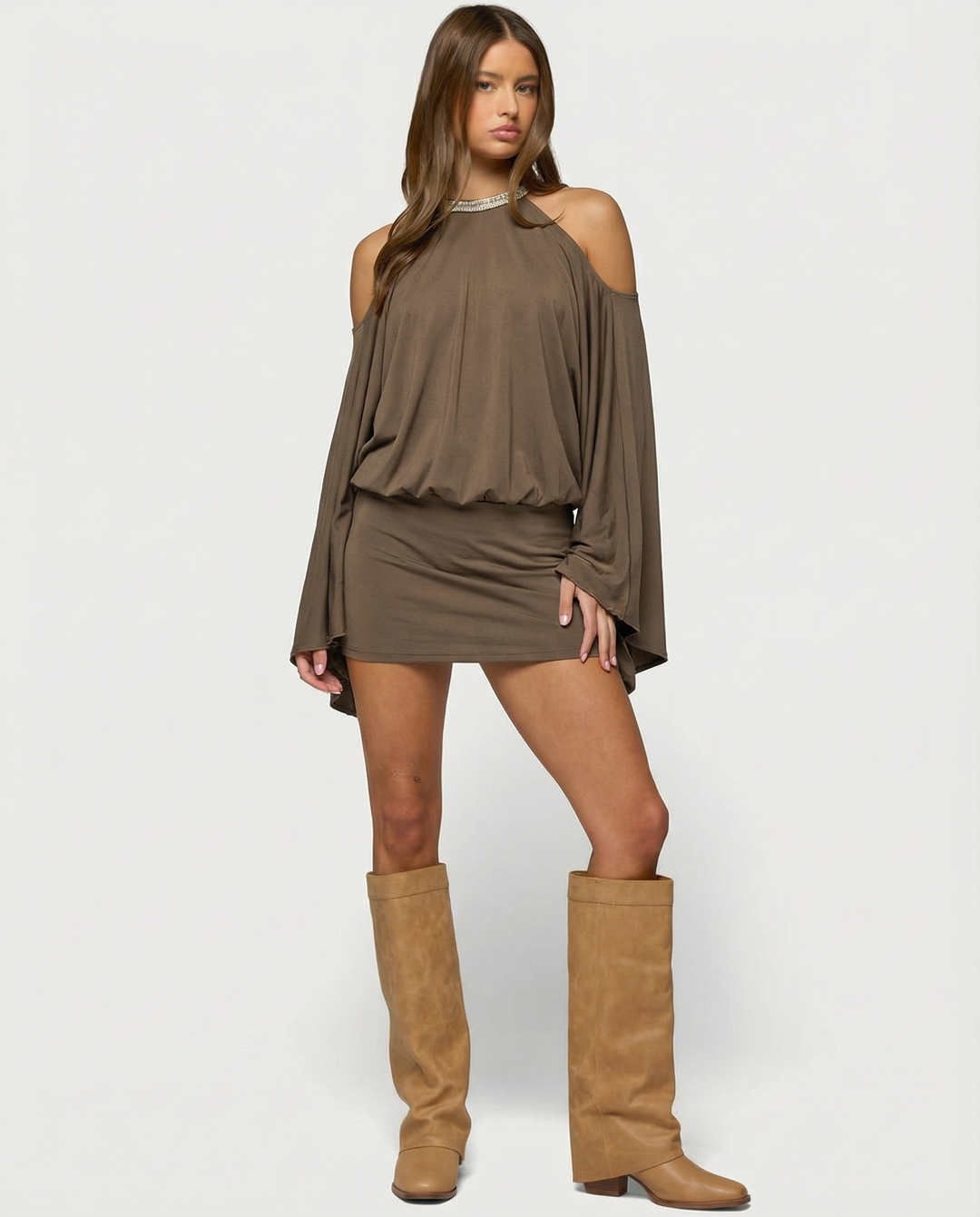 Open Back Mini Dress – Cold-Shoulder Draped Sleeves & Chain Detail