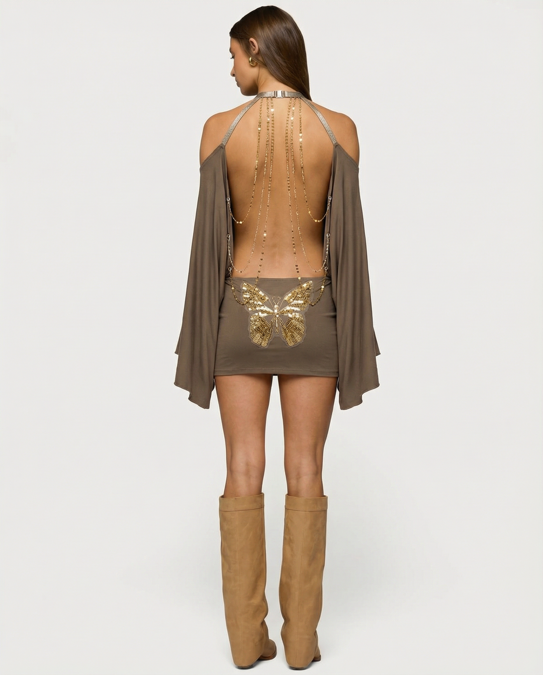 Open Back Mini Dress – Cold-Shoulder Draped Sleeves & Chain Detail