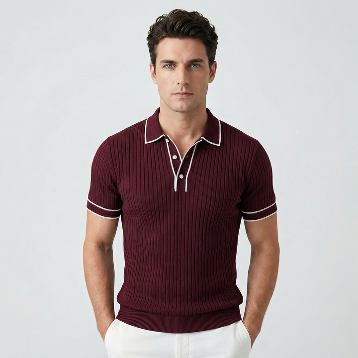 Men's Ribbed Polo Shirt – Slim Fit Contrast Piping