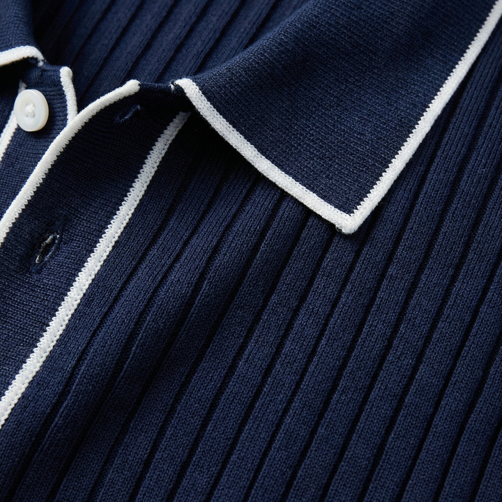 Men's Ribbed Polo Shirt – Slim Fit Contrast Piping