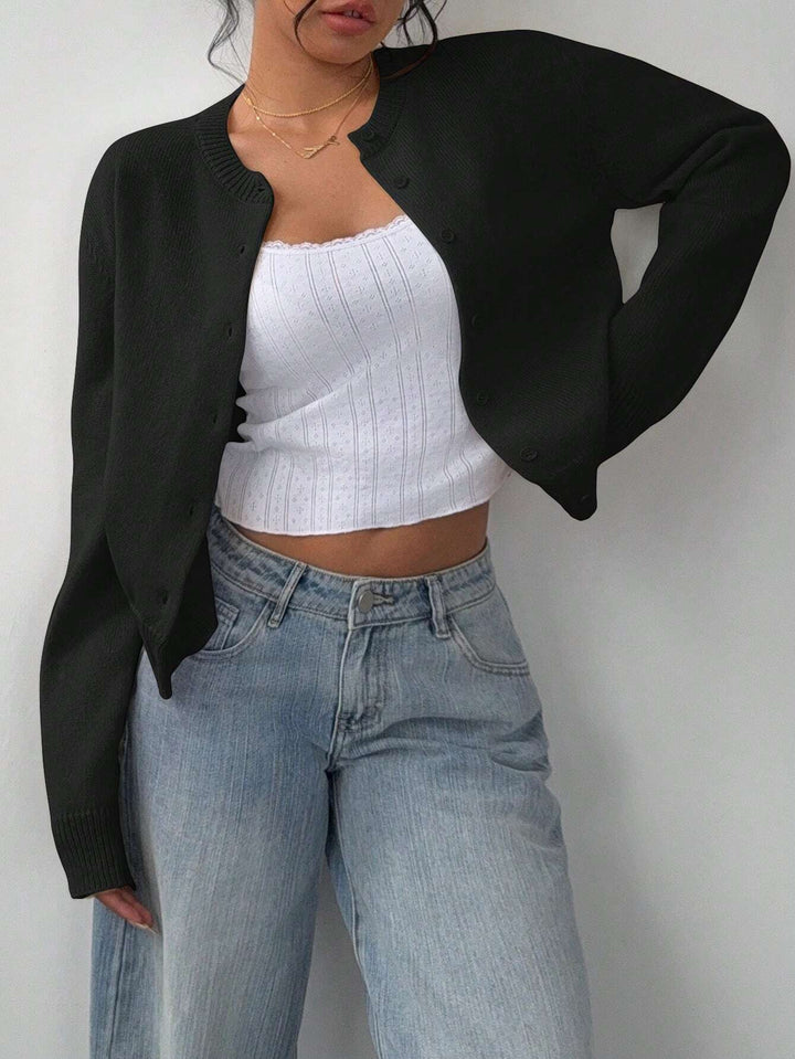 Cropped Cardigan – Knitted Slim Fit Long Sleeve Women&