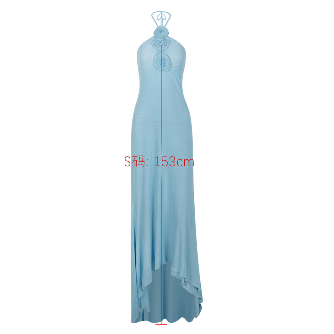 Mesh Maxi Dress Halter Backless 3D Floral Women&
