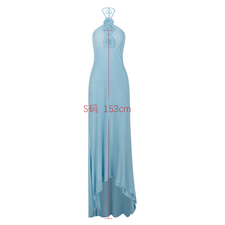 Mesh Maxi Dress Halter Backless 3D Floral Women&