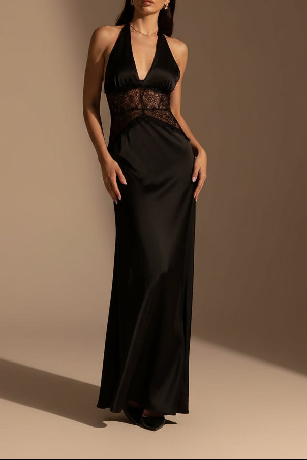 Satin Maxi Dress with Lace Panel – Strappy Sleeveless Evening Gown