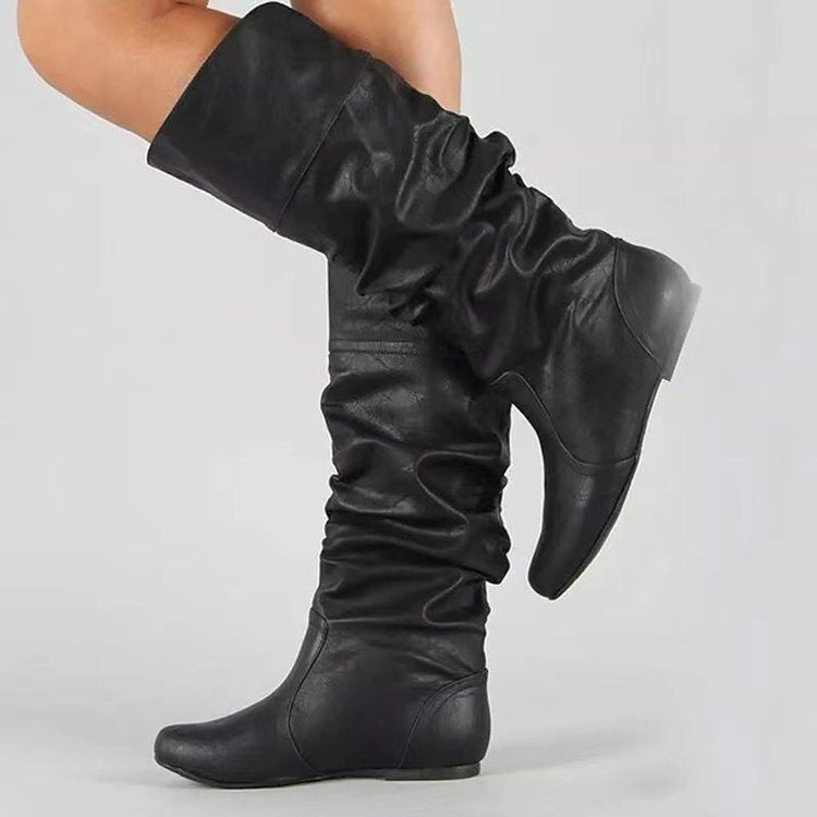 Knee-High Flat Boot for Women – Vegan Leather Slip-On, Round Toe