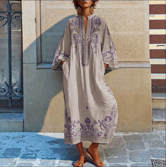 Boho Maxi Dress Cotton Printed V Neck Relaxed Fit | Women&