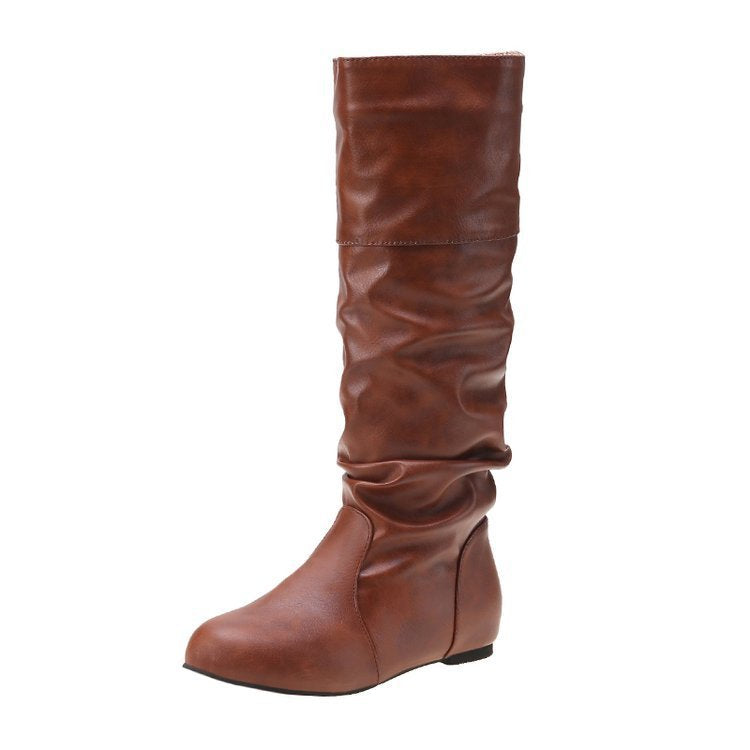 Knee-High Flat Boot for Women – Vegan Leather Slip-On, Round Toe